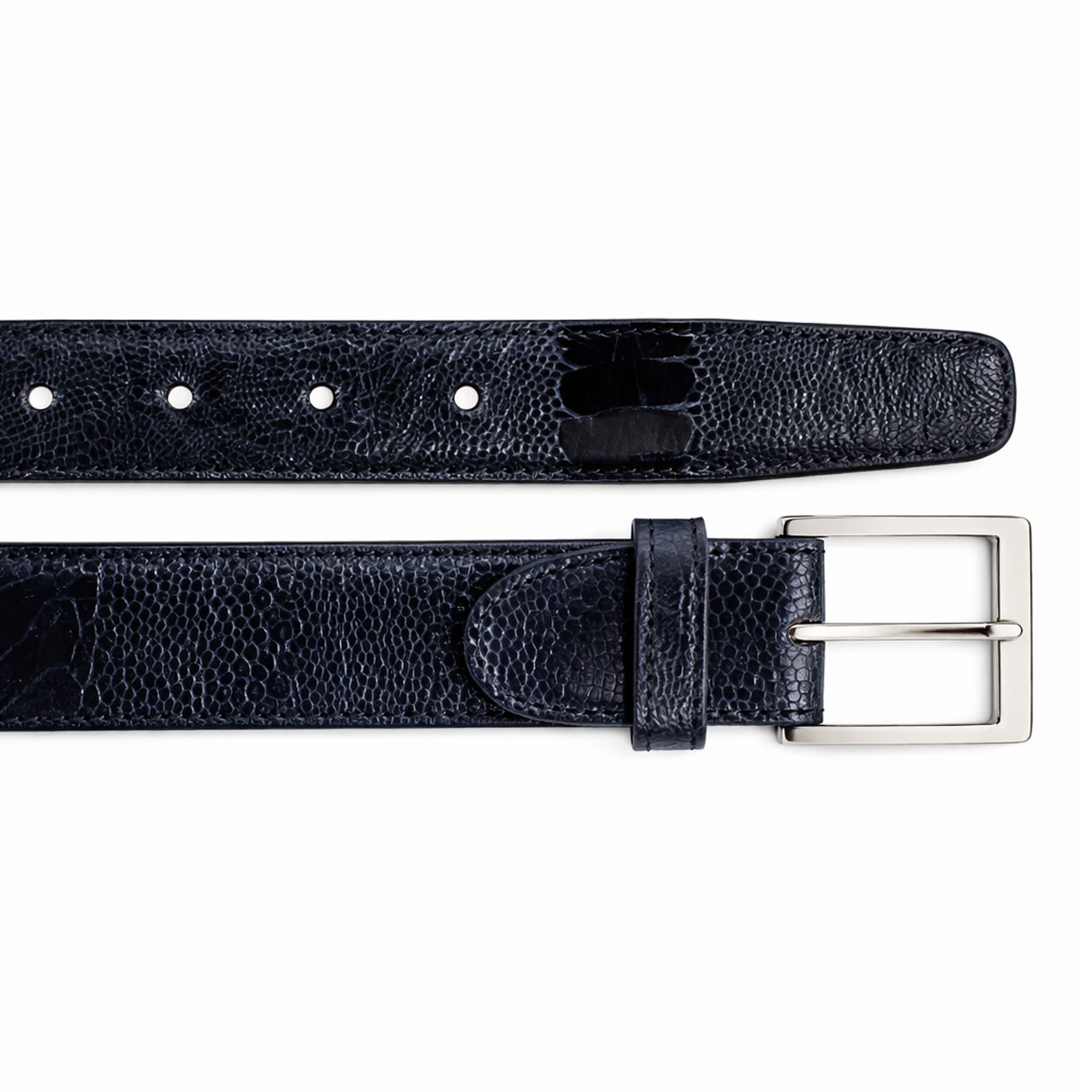 The BELVEDERE Belvedere Ostrich Leg Belt Navy 2000 features textured navy ostrich leg leather, a silver rectangular buckle, visible adjustment holes, and is adjustable in size 44.