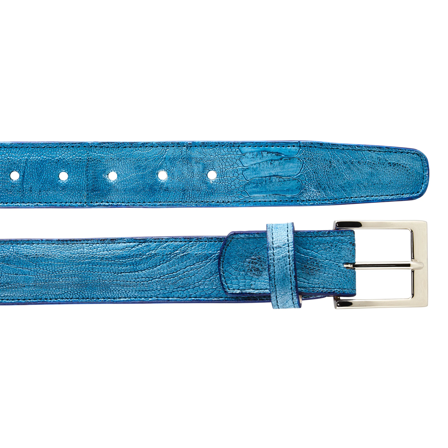 The BELVEDERE Belvedere Ostrich Leg Belt Ocean Blue 2000 in size 44 features textured ostrich leg leather, a silver rectangular buckle, adjustment holes, and an adjustable design, shown from the front and side.
