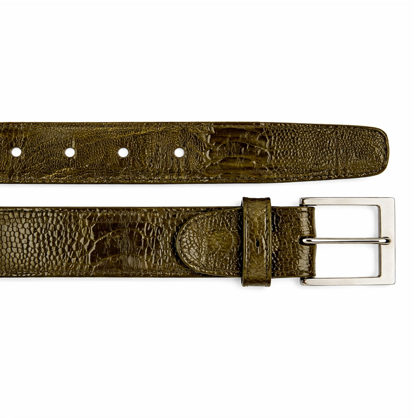 The BELVEDERE Belvedere Ostrich Leg Belt Olive 2000 features olive textured ostrich leather, a silver rectangular buckle, multiple adjustment holes, and a loop—stylish and comfortable for those needing a size 44 belt.
