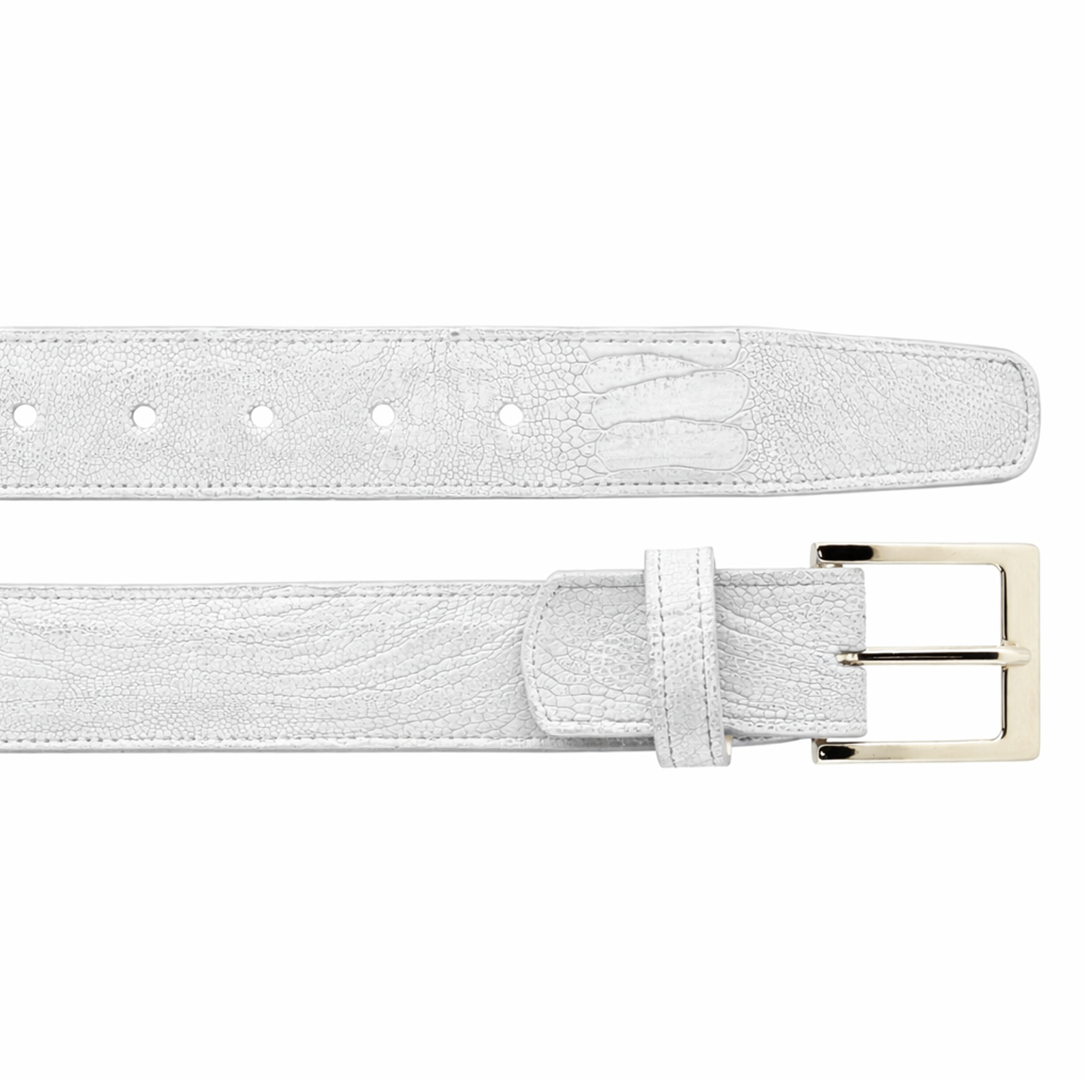 The BELVEDERE Belvedere Ostrich Leg Belt White 2000 features textured ostrich leg leather, a silver rectangular buckle, adjustable holes, and is shown front and back for detail in Size 44.