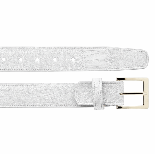 The BELVEDERE Belvedere Ostrich Leg Belt White 2000 features textured ostrich leg leather, a silver rectangular buckle, adjustable holes, and is shown front and back for detail in Size 44.