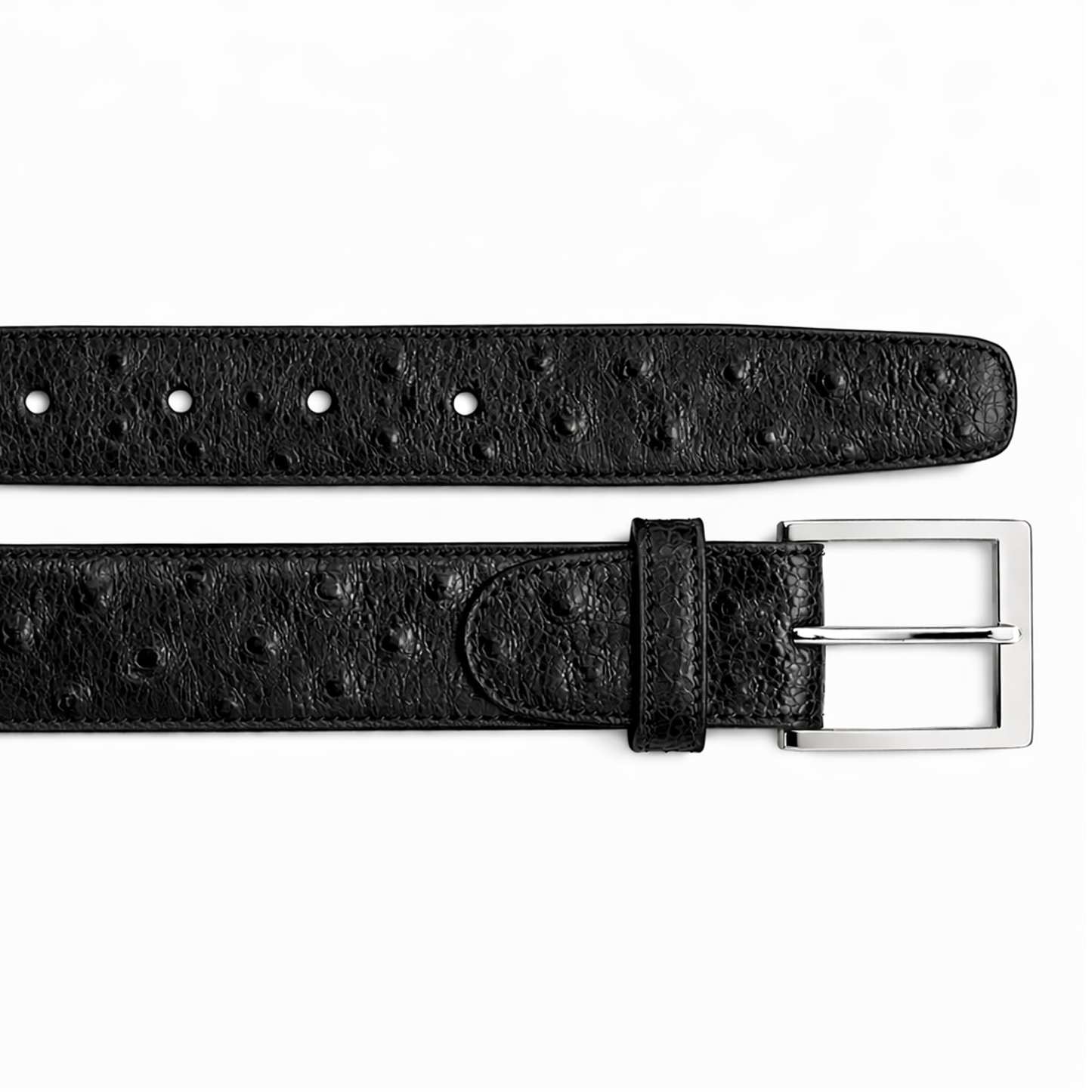BELVEDERE Belvedere Ostrich Quill Belt Black 2001 features black ostrich quill leather, an adjustable fit with multiple holes, and a silver rectangular buckle. Shown laid flat. Available in size 44.