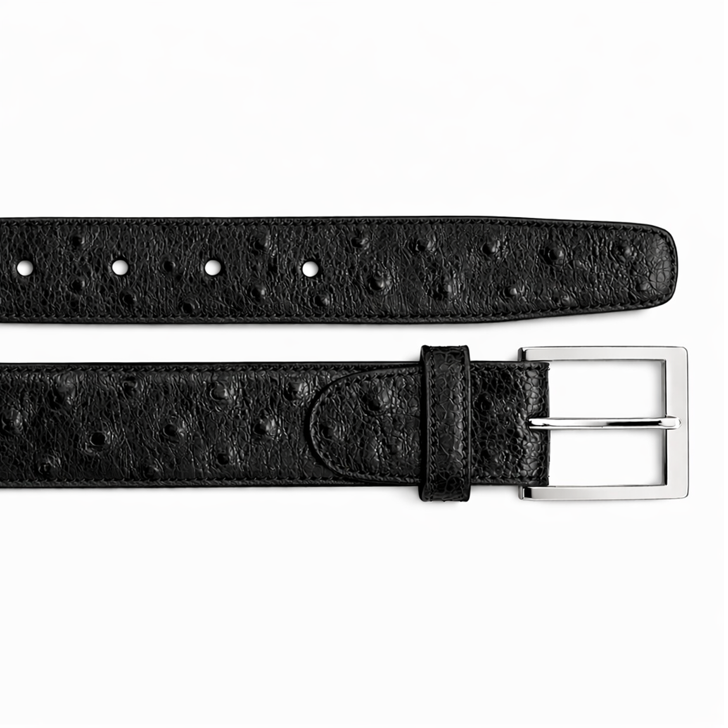 BELVEDERE Belvedere Ostrich Quill Belt Black 2001 features black ostrich quill leather, an adjustable fit with multiple holes, and a silver rectangular buckle. Shown laid flat. Available in size 44.
