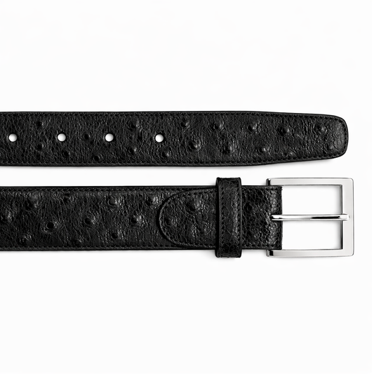 BELVEDERE Belvedere Ostrich Quill Belt Black 2001 features black ostrich quill leather, an adjustable fit with multiple holes, and a silver rectangular buckle. Shown laid flat. Available in size 44.
