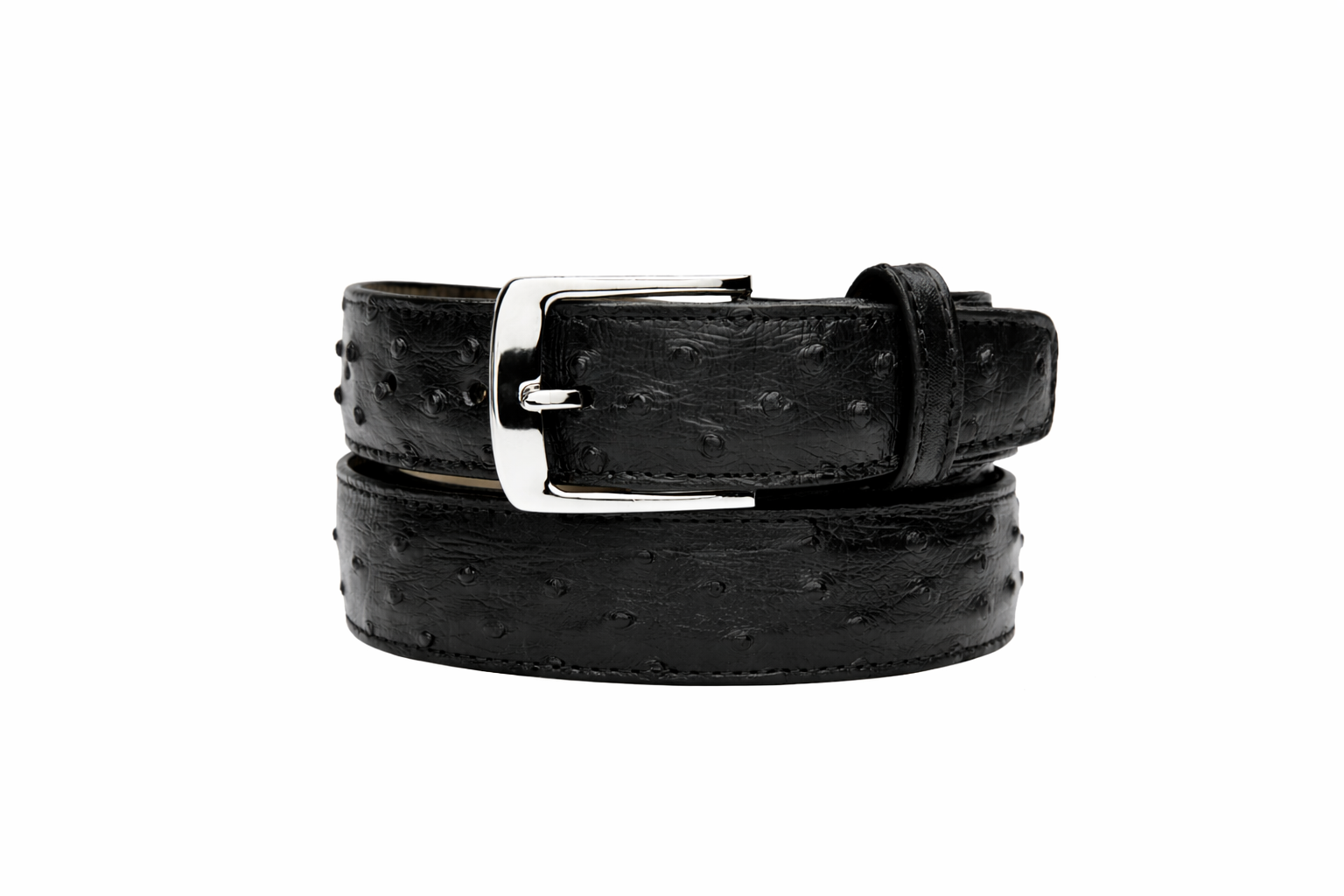 BELVEDERE Belvedere Ostrich Quill Belt Black 2001 features black ostrich quill leather, an adjustable fit with multiple holes, and a silver rectangular buckle. Shown laid flat. Available in size 44.