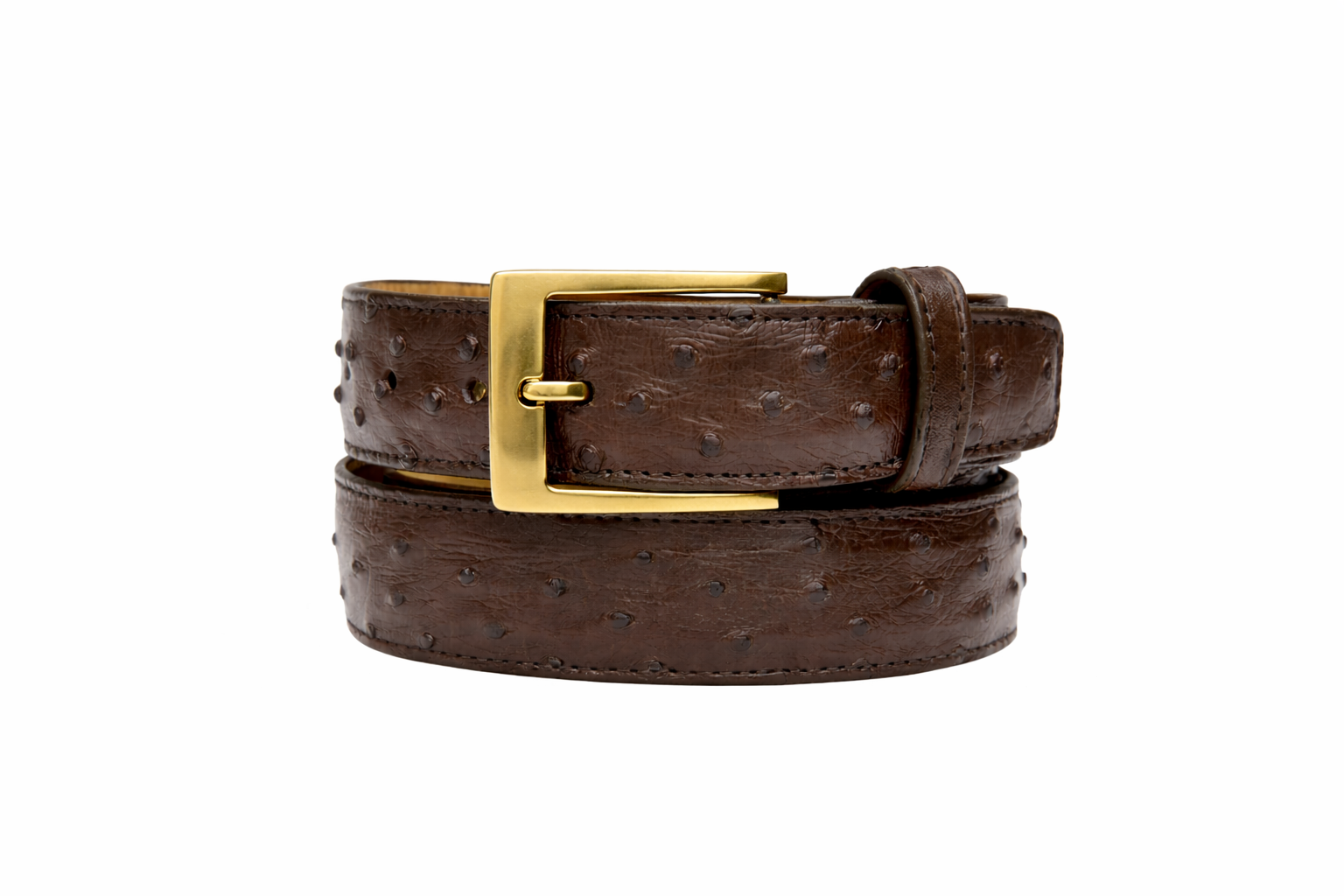The BELVEDERE Ostrich Quill Belt Brown 2001 features textured brown leather and a gold rectangular buckle, shown against a white background.