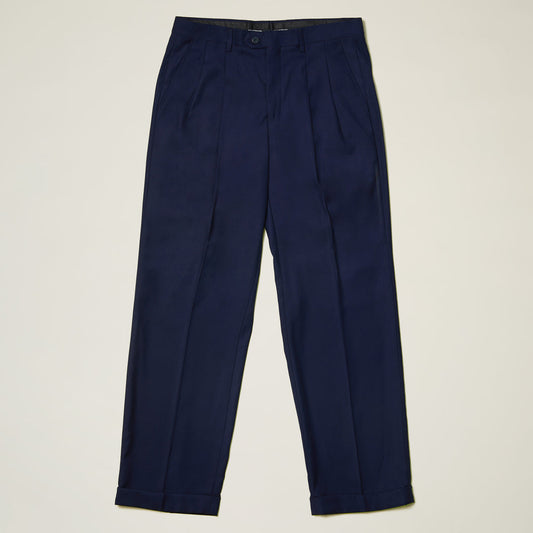 Inserch Regular Fit Two Pleat Pants P1199S-36 Ink: navy blue poly-rayon trousers with pleated front, side pockets, belt loops, and cuffed hems by Inserch, shown laid flat on a light background.