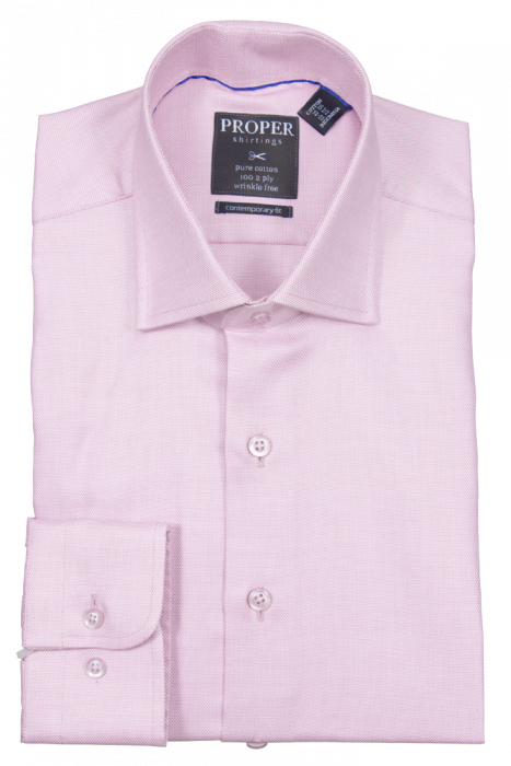 A light pink dress shirt with a spread collar and regular button cuffs, designed for a contemporary fit. The label "Proper Shirtings" states it's size 16, slim fit, and crafted from wrinkle-free pure cotton.