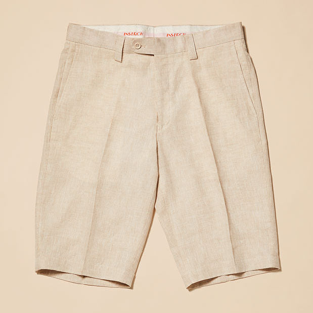 Inserch Linen Shorts P21116-00006 Oatmeal: premium men's shorts in beige linen with tailored belt loops, front button and zipper closure, and side pockets, shown laid flat on a light background.