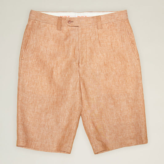 Inserch Linen Shorts P21116-00042 Camel by Inserch: premium tan linen shorts with belt loops, side pockets, front button closure, and a modern fit. Shown laid flat on a neutral background.