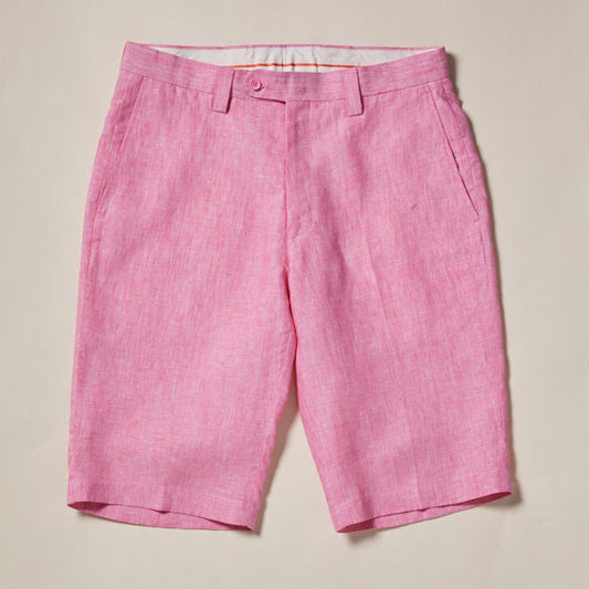 The Inserch Linen Shorts P21116-00057 in Summer Pink are tailored, premium linen shorts featuring a button and zip closure, front pockets, and belt loops, displayed flat against a light background.