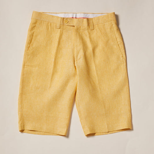 The Inserch Premium Linen Flat Front Shorts P21116-00145 in Banana Cream are modern fit knee-length shorts with belt loops, a button, and zip closure, displayed on a neutral background.