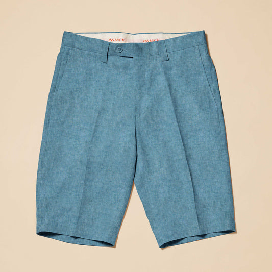 Inserch presents the Premium Linen Flat Front Shorts P21116-00172 Caspian, which are blue knee-length tailored shorts with a modern fit. They feature side and back pockets, all set against a beige background in luxurious premium linen.