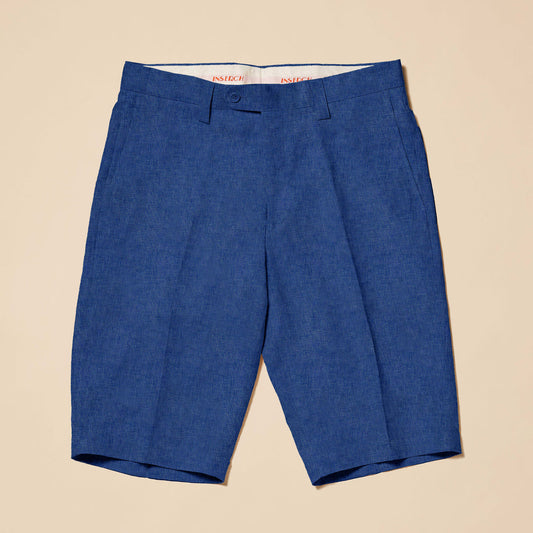 Inserch Premium Linen Flat Front Shorts P21116-00190 in Estate Blue, knee-length with button and zip closure, lay flat on a beige surface.
