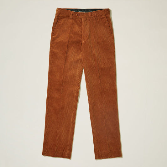 The Inserch Cotton Corduroy Pants P3103-05 Caramel, a modern-fit corduroy pant with side pockets and belt loops by Inserch, is shown laid flat on a light background.