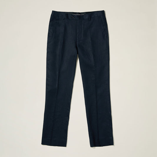 The Inserch Linen Pants P3110-00001 Black, made from European flax, lie flat on a light background, showcasing a sleek and modern fit.