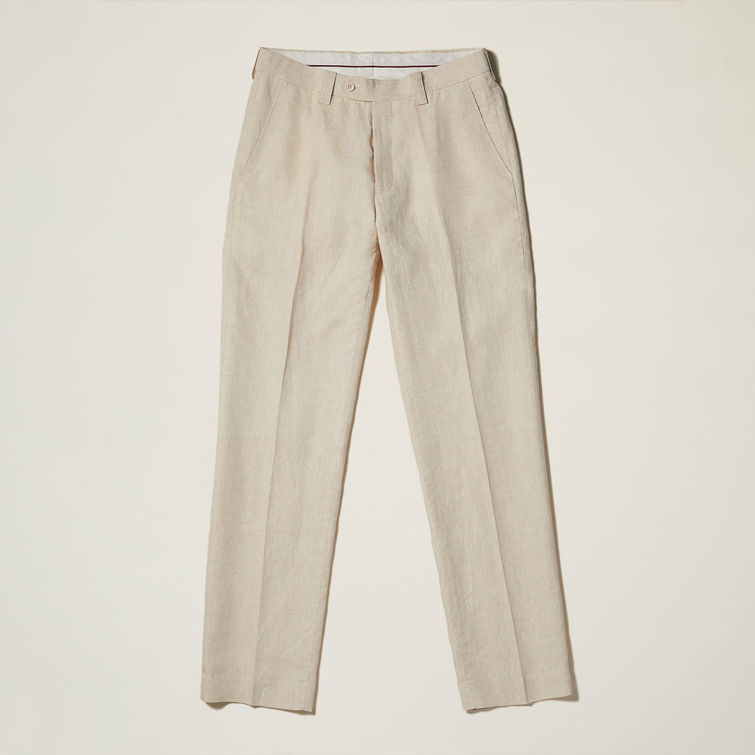 Oatmeal Inserch Linen 2pc Set (SS716) with shirt and pants, featuring a mandarin collar, white buttons, and an orange "INSERCH Linen Collection" label inside the collar.