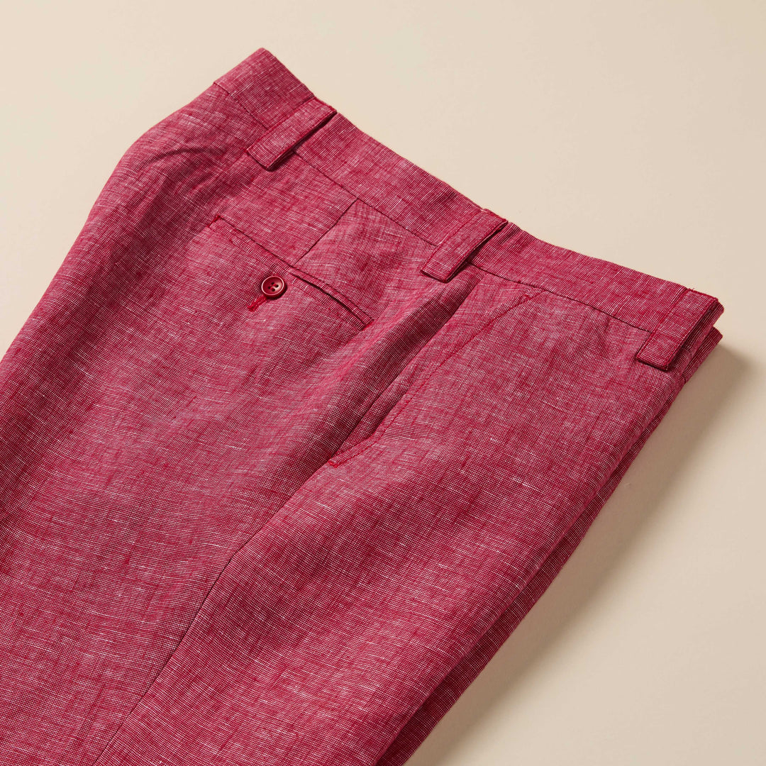Inserch Linen Pants P3116-00030 Red: Premium European flax pants by Inserch, featuring belt loops, a buttoned back pocket, and shown folded on a plain background.