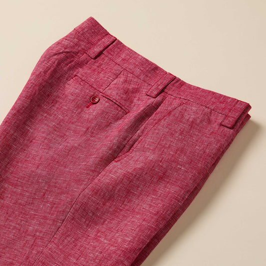 Inserch Linen Pants P3116-00030 Red: Premium European flax pants by Inserch, featuring belt loops, a buttoned back pocket, and shown folded on a plain background.