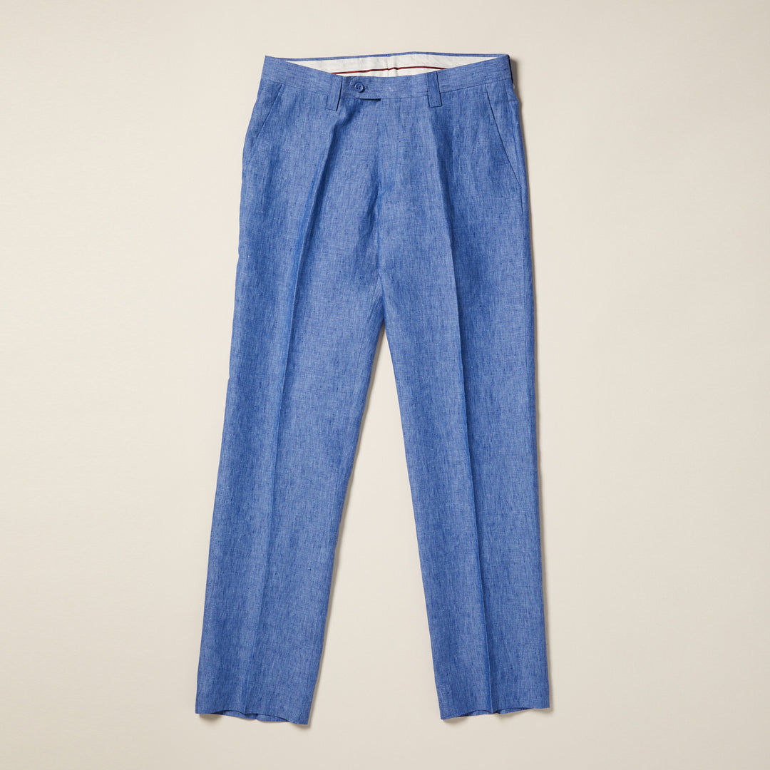 The Inserch Linen Pants P3116-00127 Blue Wave are expertly crafted from premium linen, featuring a button and zip closure, pleats, and straight legs. Presented on a neutral backdrop, these trousers combine style and comfort with perfect inseam details for any sophisticated wardrobe.