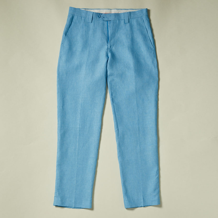 Inserch Linen Pants P3116-00154 Lake Blue by Inserch, featuring a tailored fit, front pockets, waistband with belt loops, and button-zipper closure, displayed flat on a neutral background.