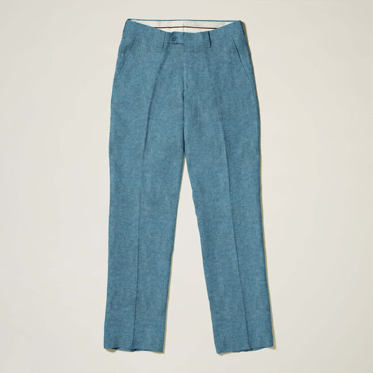 Inserch Linen Pants P3116-00172 Caspian by Inserch: Premium blue-gray linen trousers featuring a modern fit, button and zip closures, and front pockets, laid flat on a light background.