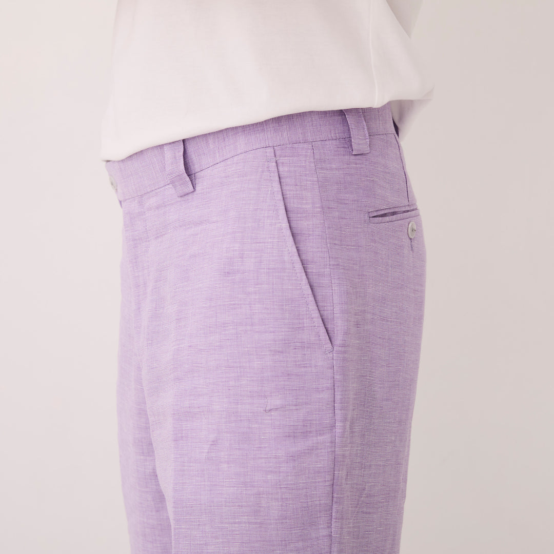 A person in Inserch Linen Pants P31-00119 Lavender and a matching shirt with brown dress shoes stands against a plain beige background, showcasing modern-fit linen tailored pants made from premium European flax.