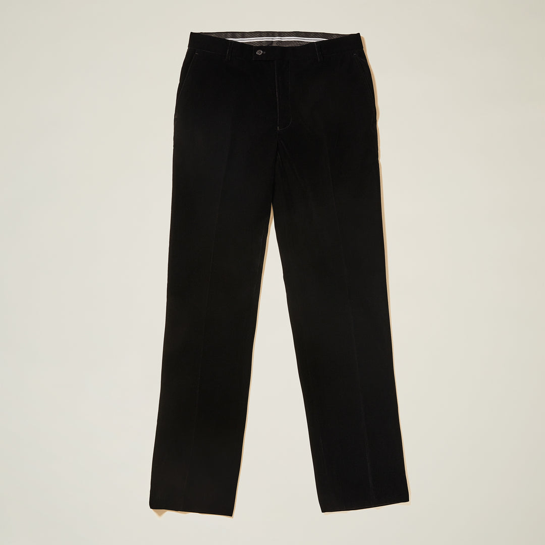 The Inserch Velvet Pants P502-01 Black by Inserch are modern-fit black velvet chinos with a visible back pocket and button, neatly folded and displayed on a light-colored surface.