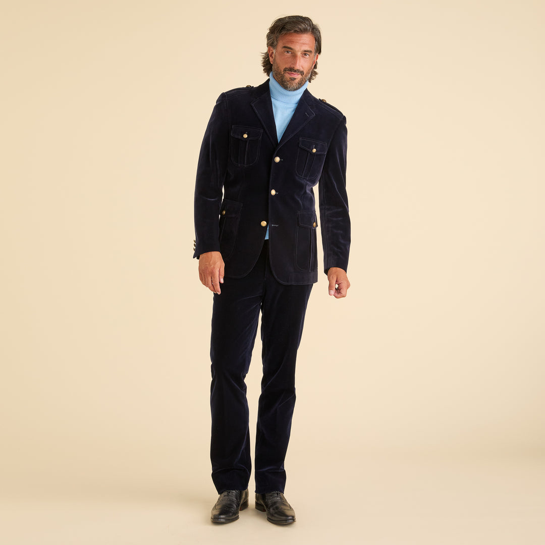A pair of Inserch Velvet Pants P502-11 in a rich navy blue, crafted from a poly nylon blend and featuring a modern fit with a single back pocket and button closure, displayed on a light background.