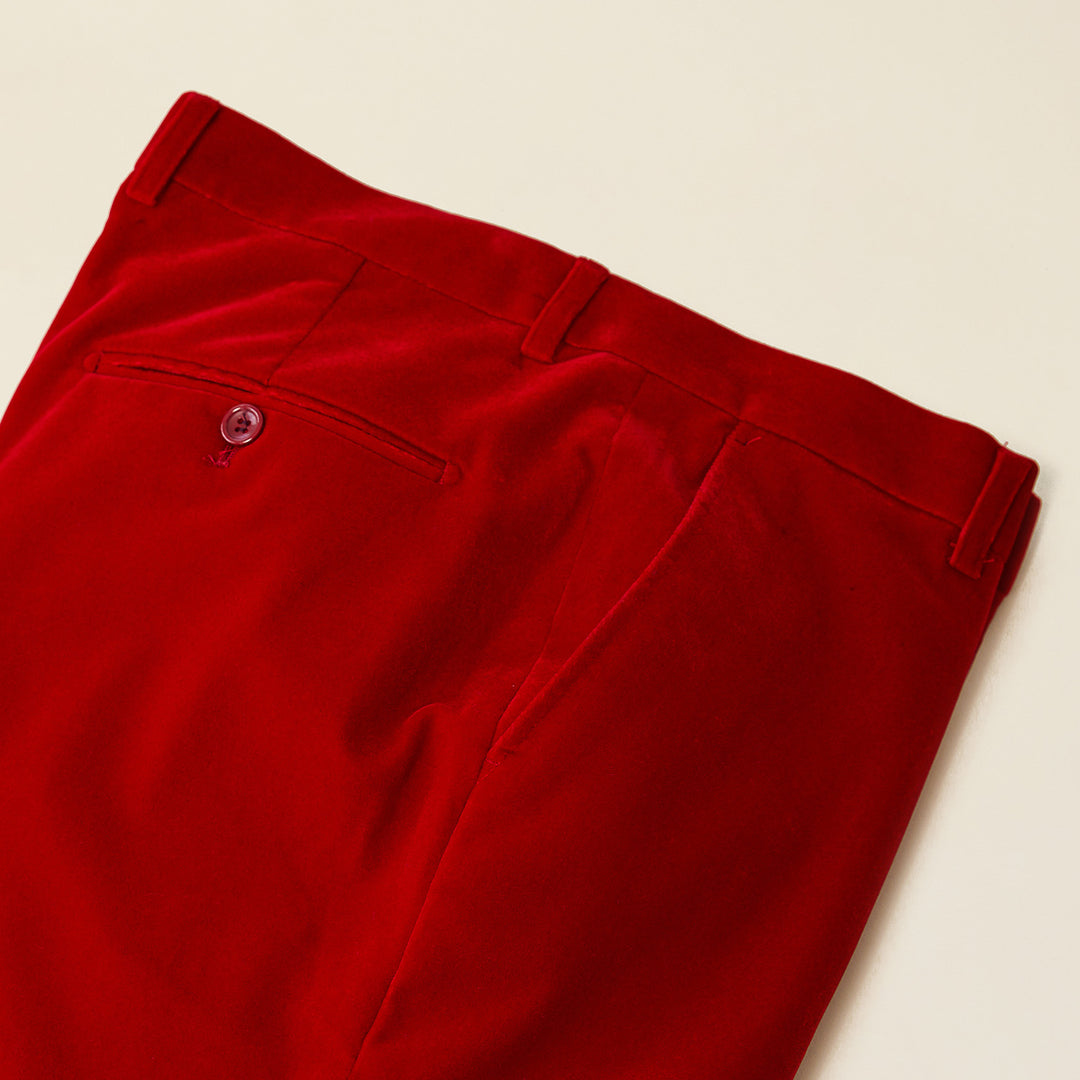 Inserch Velvet Pants P502-30 Red, by Inserch, feature a modern fit with flat front, waistband, belt loops, back pocket, and side seam; shown neatly folded on a light surface.
