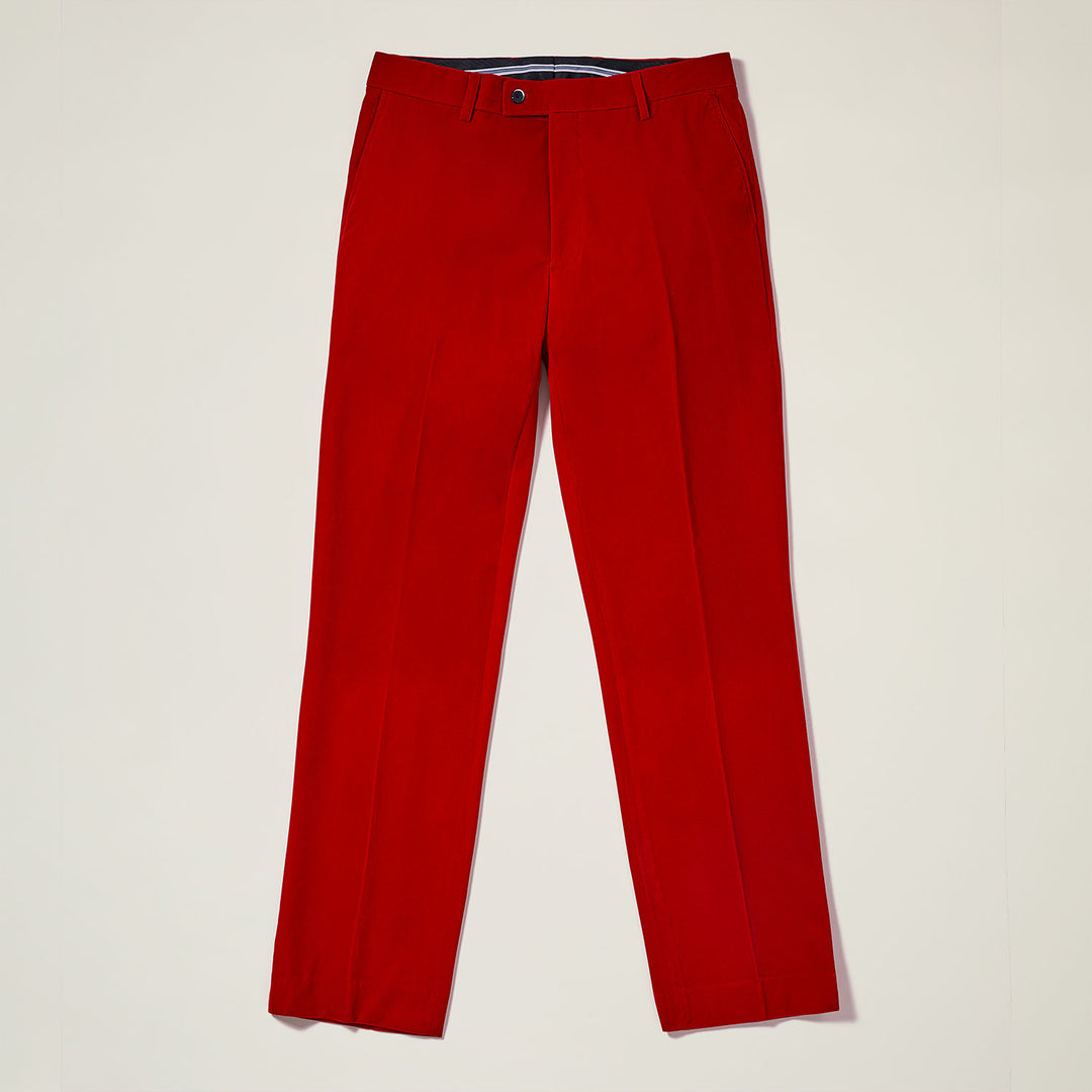 Inserch Velvet Pants P502-30 Red, by Inserch, feature a modern fit with flat front, waistband, belt loops, back pocket, and side seam; shown neatly folded on a light surface.