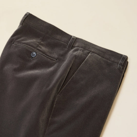 Inserch Velvet Pants P502-33 Grey by Inserch shown laid flat on a light-colored surface, featuring a modern fit with flat front, single back pocket, button closure, and belt loops.