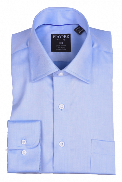 The PROPER SHIRTINGS BLUE CLASSIC FIT REGULAR CUFF P720DD0R-BLU, by Proper Shirtings, is a folded light blue long-sleeve dress shirt with buttoned cuffs. It is crafted from pure cotton and offers a classic fit for lasting comfort and style.