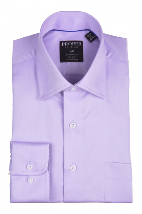 A folded light purple dress shirt with a collar and buttons is displayed, featuring the "Proper Shirtings" label. Named the "PROPER SHIRTINGS PURPLE CLASSIC FIT REGULAR CUFF P720DD0R-PUR," this garment is crafted from pure cotton and offers a stylish, wrinkle-free classic fit.