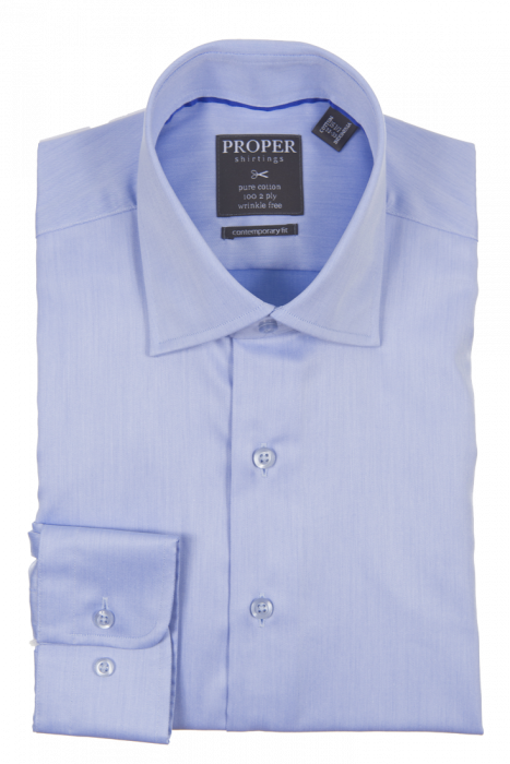 The product, PROPER SHIRTINGS BLUE CONTEMPORARY FIT REGULAR CUFF P720ET0R-BLU, by Proper Shirtings is a neatly folded long-sleeved dress shirt in light blue. It includes a classic collar and buttoned cuffs with an interior tag at the collar. Made from pure cotton, this contemporary fit shirt is designed to remain wrinkle-free for easy, stylish wear.