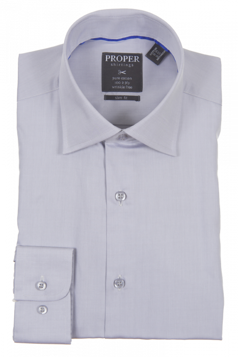 A folded light gray dress shirt, made from pure cotton, displays a label stating "Proper Shirtings" and "Slim Fit." It features a pointed collar and regular buttoned cuffs.