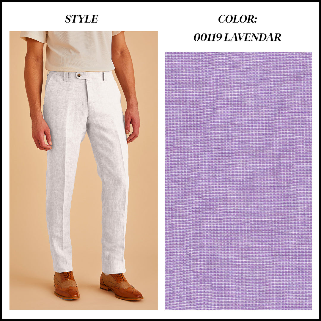 A man in slim-fit pants stands beside a lavender swatch labeled "P880-00119 Lavender," highlighting the elegance of Inserch's premium linen.