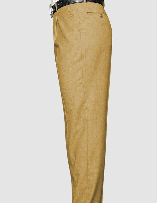 Side view of a person wearing the Statement Clothing Regular Fit Pleated Pants PA-200A-Camel, with a black belt against a white background.