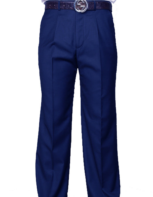 Crafted from luxurious Super 150's wool, the Regular Fit Pleated Pants (PA-200A-SAPPHIRE) by Statement Clothing come in a striking sapphire blue and are paired with a black belt featuring a circular buckle.