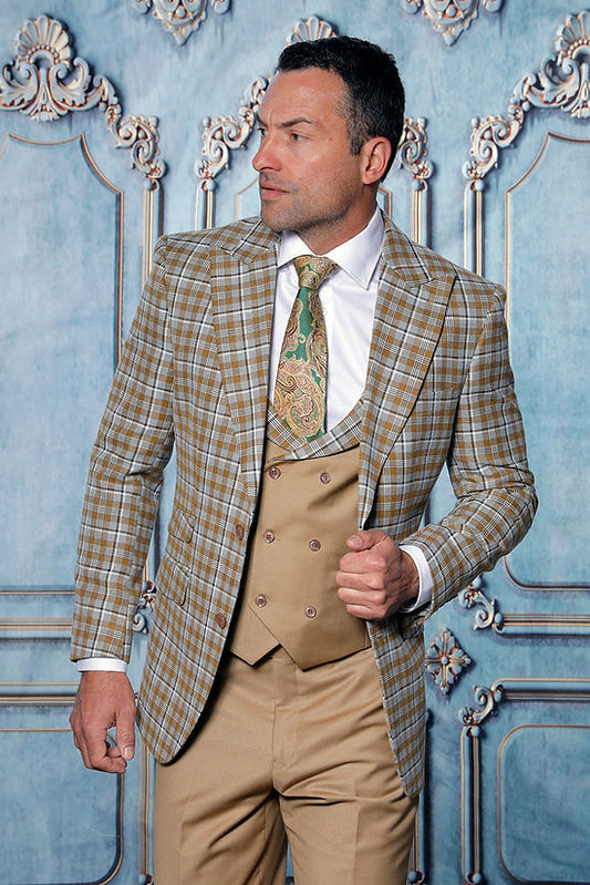 A man wearing the Insomnia INSOMNIA PARIS-6 3-Piece Tailored Fit Plaid Formal Business Copper Suit stands in front of an ornate blue wall.