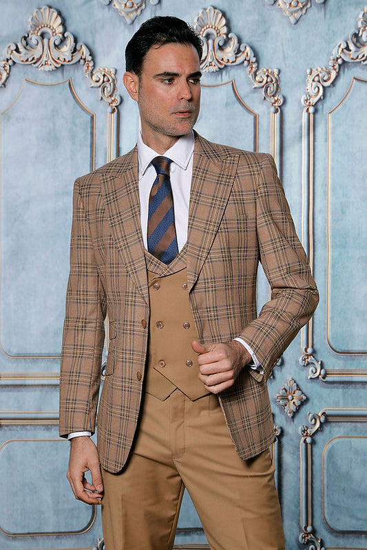 A man stands before an ornate wall wearing the INSOMNIA PARIS-6 3-Piece Tailored Fit Plaid Formal Business Taupe Suit by Insomnia, matched with a vest, white shirt, and striped tie.