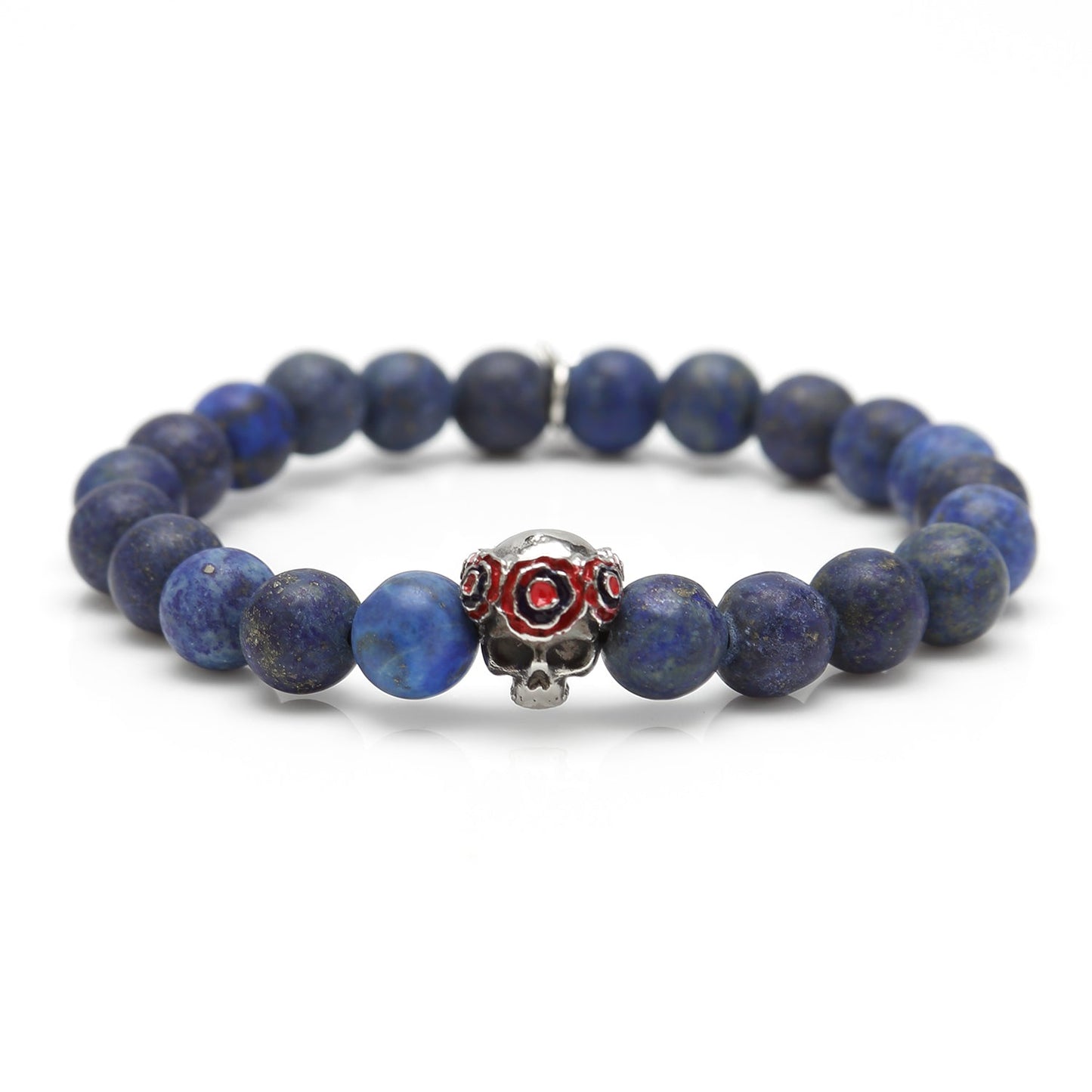 The Gothic Skull Pop Rubber Bracelet Navy 39cm by Cufflinks.com features dark blue beads and a silver skull bead with red accents, finished with a unique clasp for standout style.