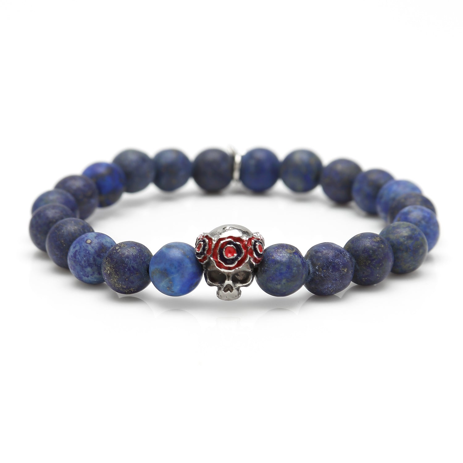 The Gothic Skull Pop Rubber Bracelet Navy 39cm by Cufflinks.com features dark blue beads and a silver skull bead with red accents, finished with a unique clasp for standout style.