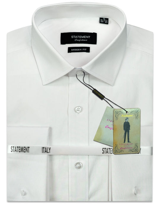 White cotton dress shirt from Statement Clothing, still with tags attached, featuring a modern fit and elegant French cuffs.