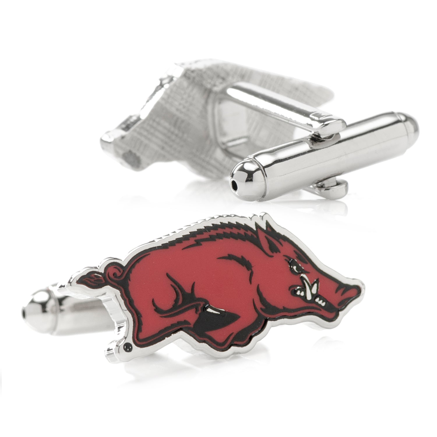 Show your school spirit with NCAA University of Arkansas Razorback Cufflinks by Cufflinks.com, featuring a silver design with a red hog and black and white accents—an ideal accessory for any Razorbacks fan.