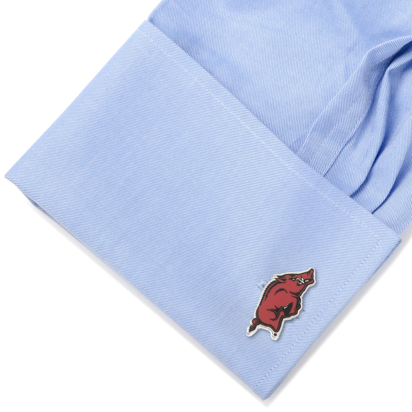 Show your school spirit with NCAA University of Arkansas Razorback Cufflinks by Cufflinks.com, featuring a silver design with a red hog and black and white accents—an ideal accessory for any Razorbacks fan.