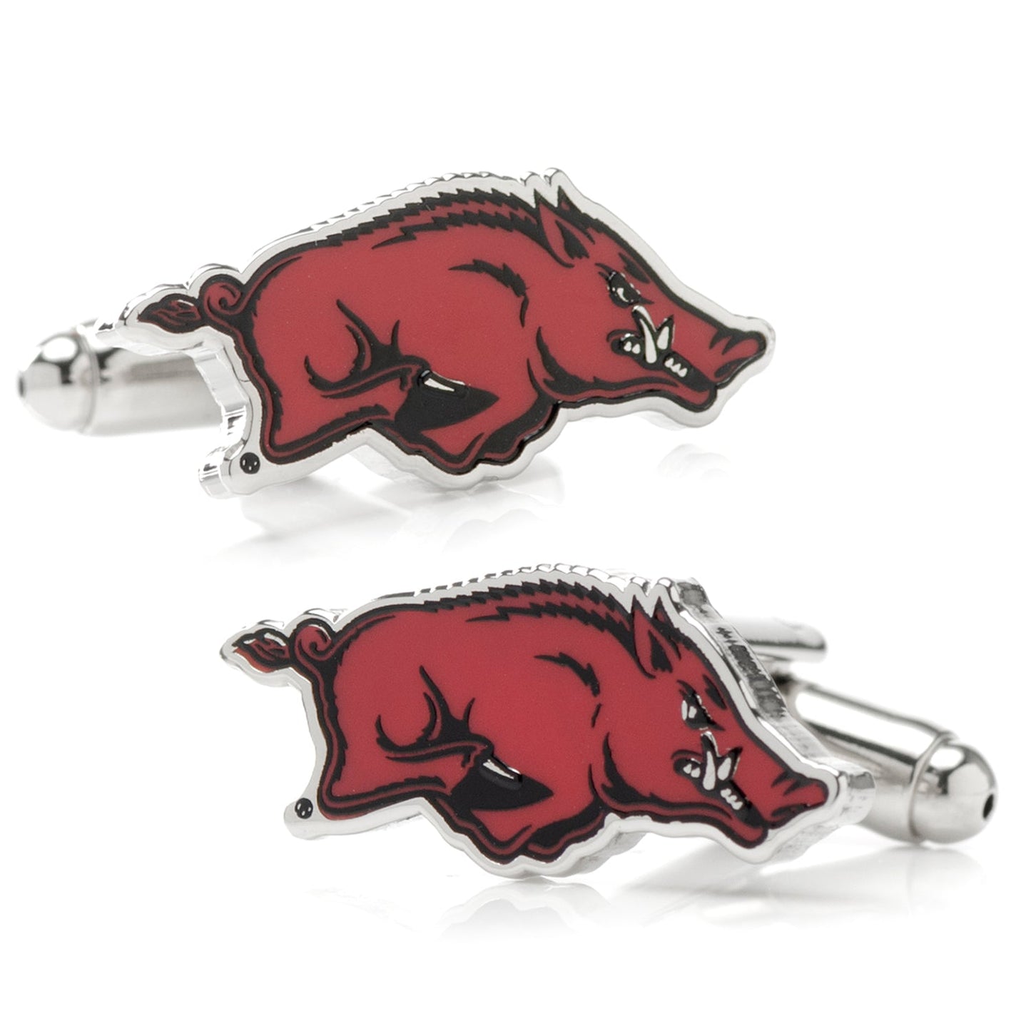 Show your school spirit with NCAA University of Arkansas Razorback Cufflinks by Cufflinks.com, featuring a silver design with a red hog and black and white accents—an ideal accessory for any Razorbacks fan.