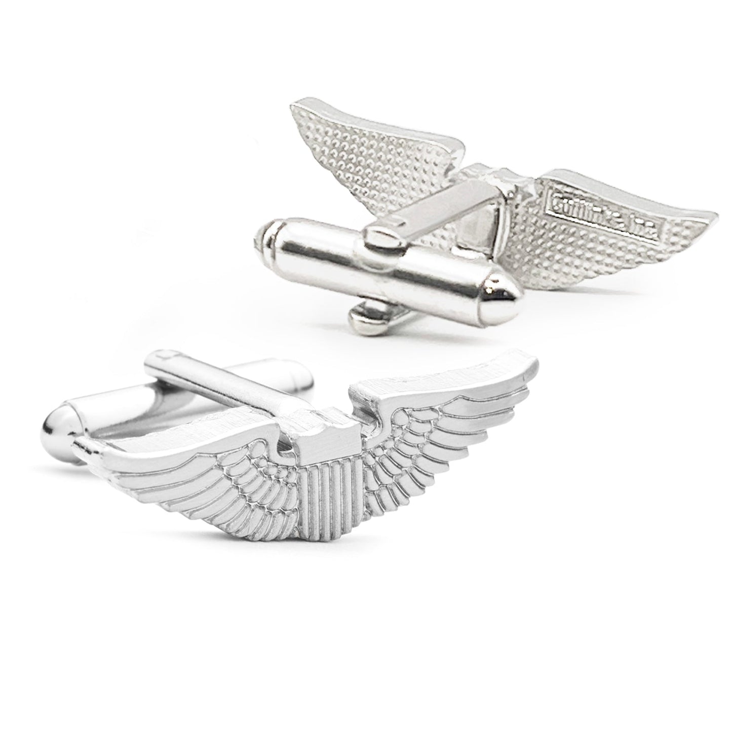 Aviator's Wings Cufflinks by Cufflinks.com feature stylized wing shapes with a central rectangular accent—shown from two angles, they make an ideal pilot gift for aviation enthusiasts.