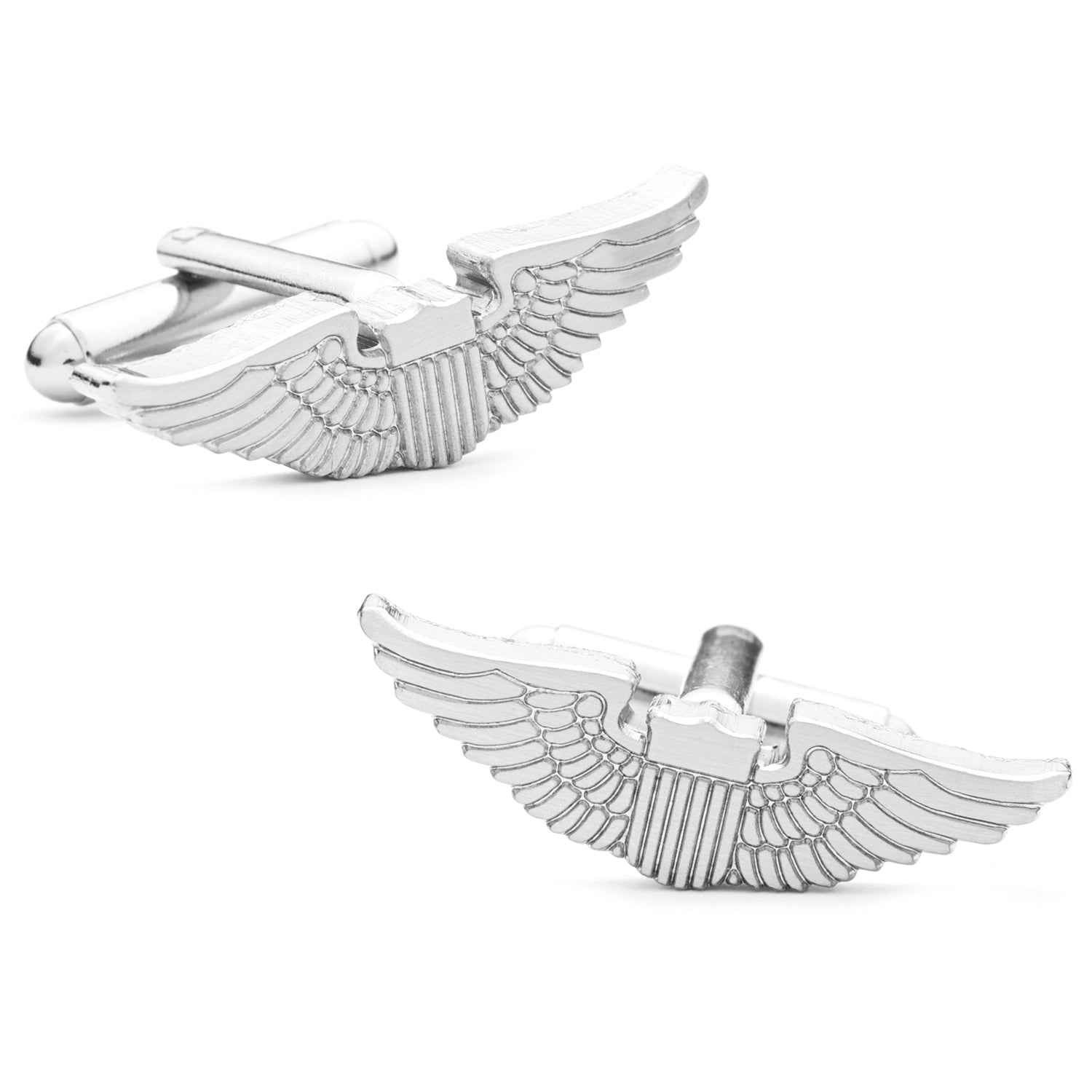 Aviator's Wings Cufflinks by Cufflinks.com feature stylized wing shapes with a central rectangular accent—shown from two angles, they make an ideal pilot gift for aviation enthusiasts.