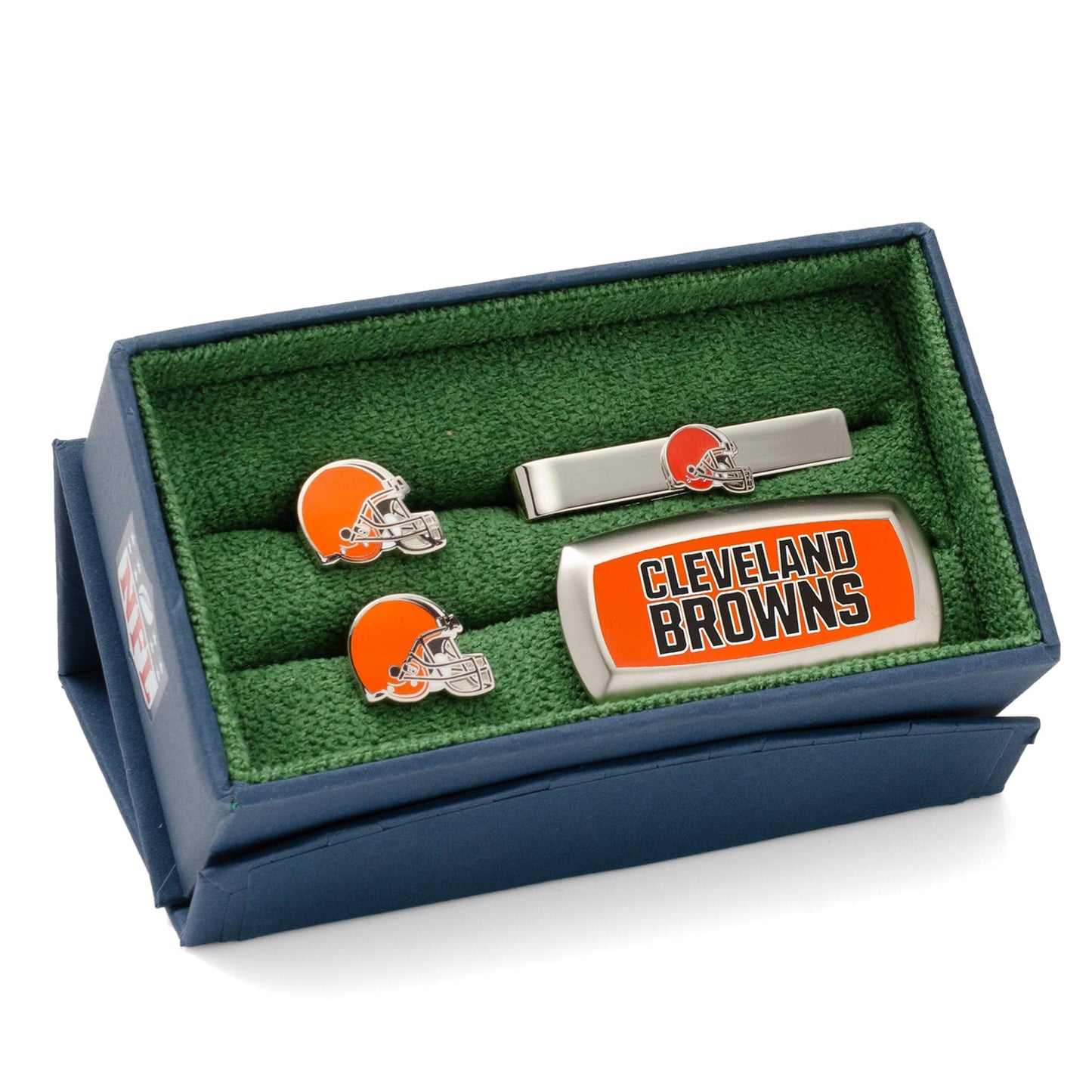 The Cufflinks.com NFL Cleveland Browns 3-Piece Cushion Gift Set includes helmet-shaped cufflinks, a tie bar, and a money clip with the team logo and name—perfect for Browns fans.